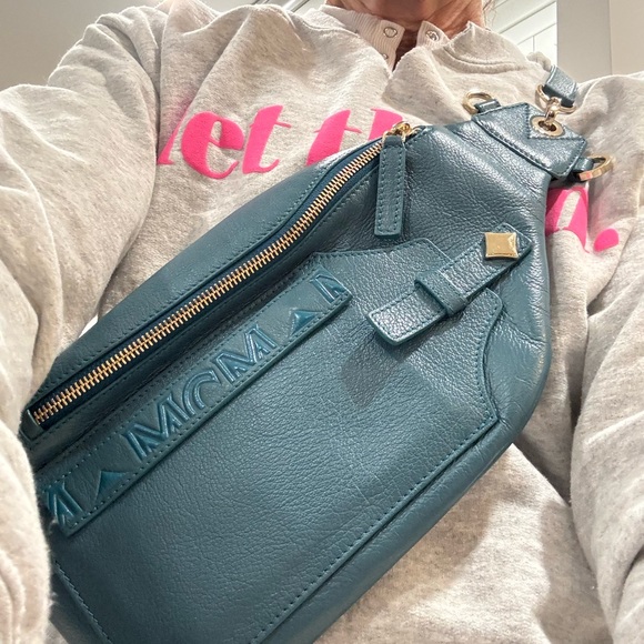 MCM Blue Leather Crossbody Backpack Sling Bag Unisex
